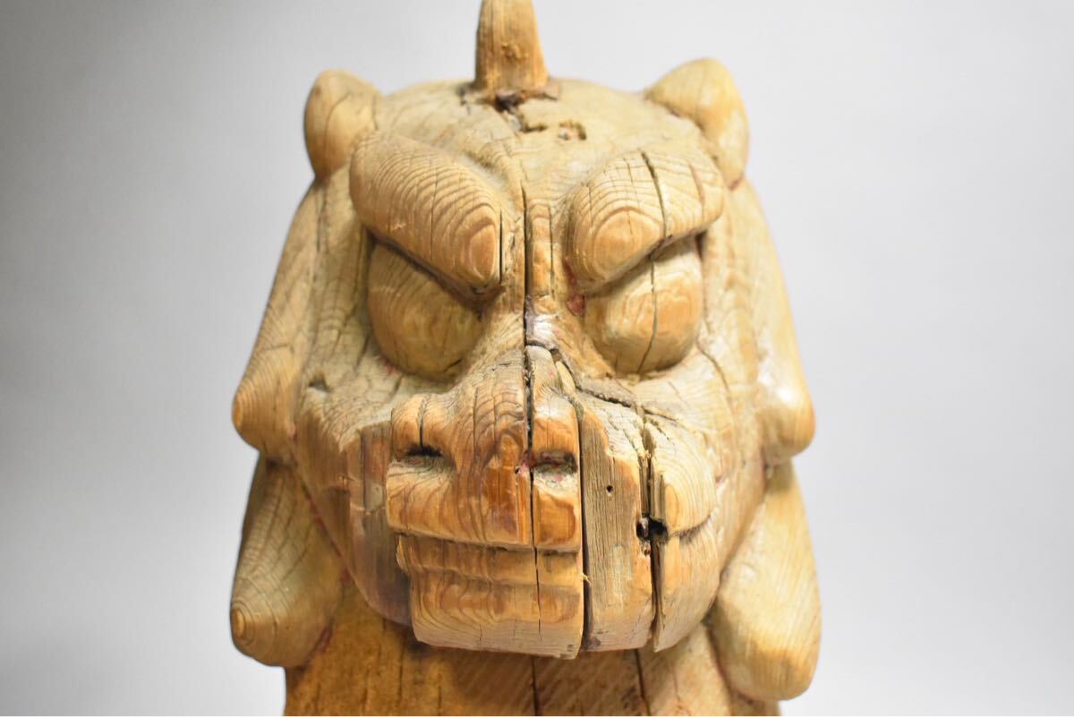 Edo Period Antique Japanese Wooden Komainu Shishi Guardian Lion Dog Pair Polychrome Shrine Sculpture