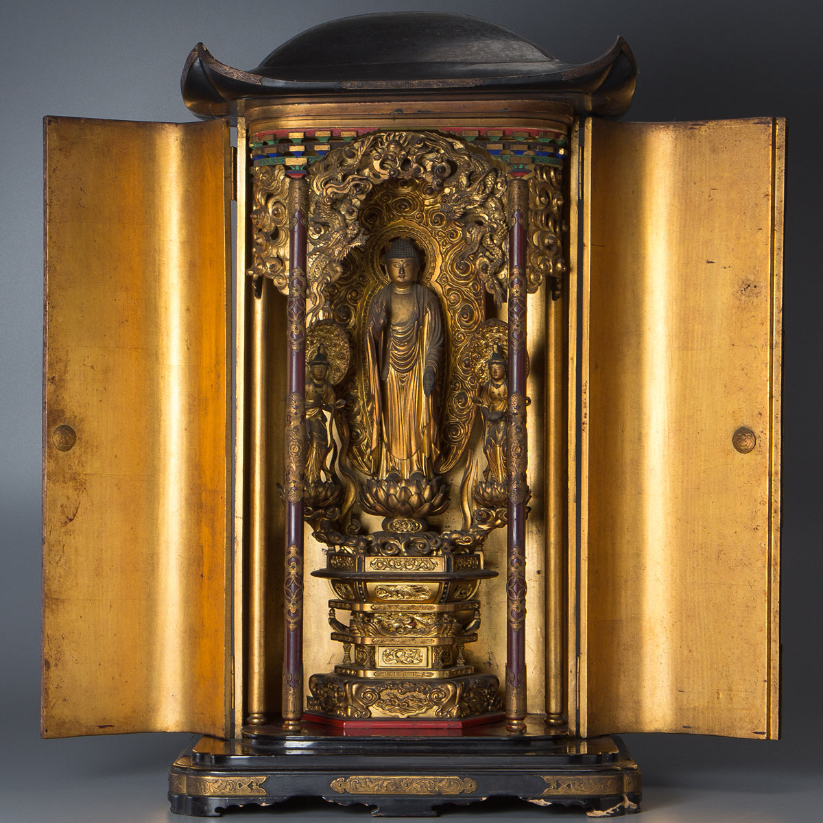 Edo–Meiji Period Gilt Wooden Amida Nyorai Triad Zushi | Large Temple Shrine Cabinet | 68cm