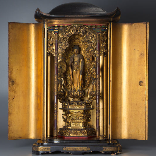 Edo–Meiji Period Gilt Wooden Amida Nyorai Triad Zushi | Large Temple Shrine Cabinet | 68cm