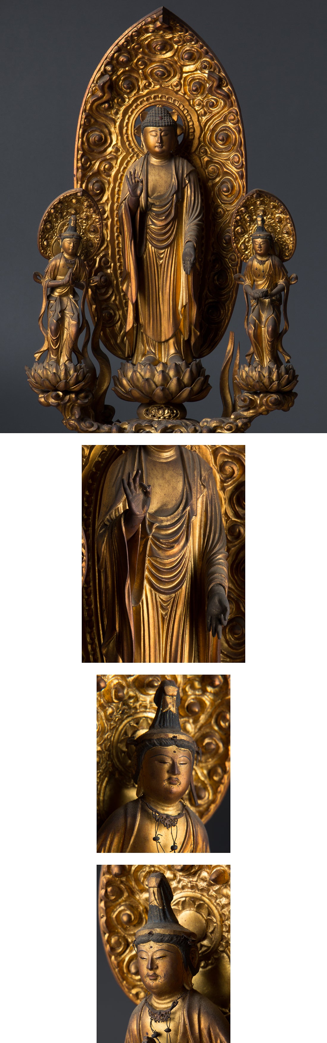 Edo–Meiji Period Gilt Wooden Amida Nyorai Triad Zushi | Large Temple Shrine Cabinet | 68cm