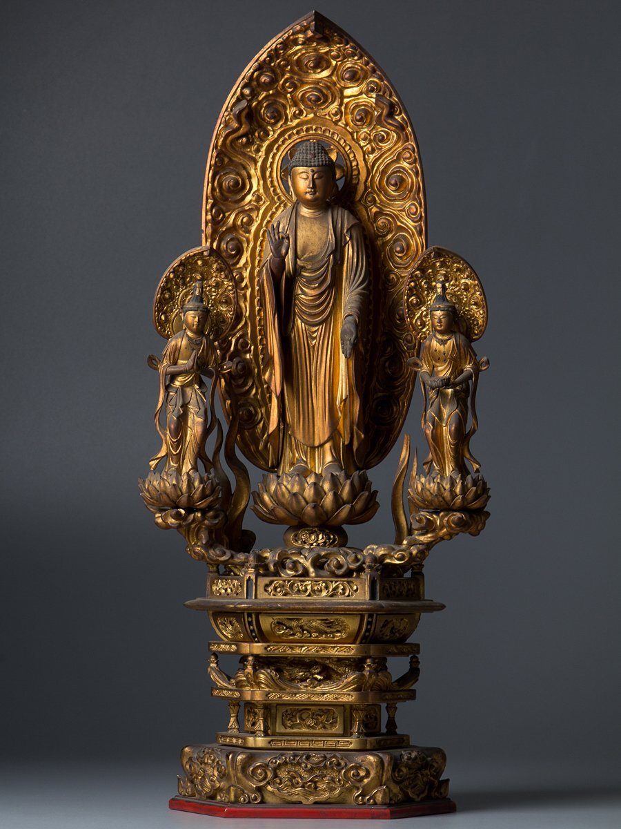 Edo–Meiji Period Gilt Wooden Amida Nyorai Triad Zushi | Large Temple Shrine Cabinet | 68cm
