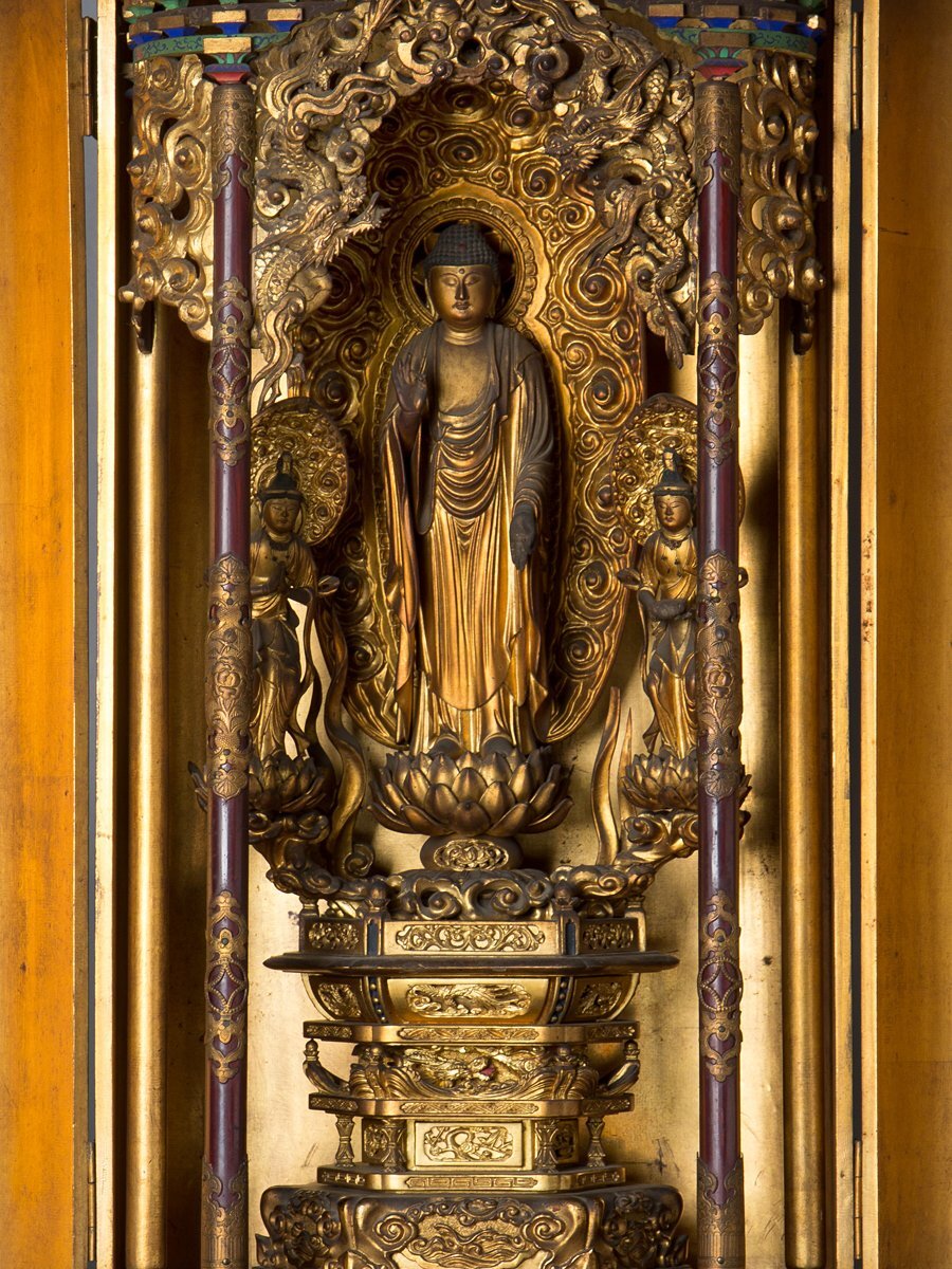 Edo–Meiji Period Gilt Wooden Amida Nyorai Triad Zushi | Large Temple Shrine Cabinet | 68cm