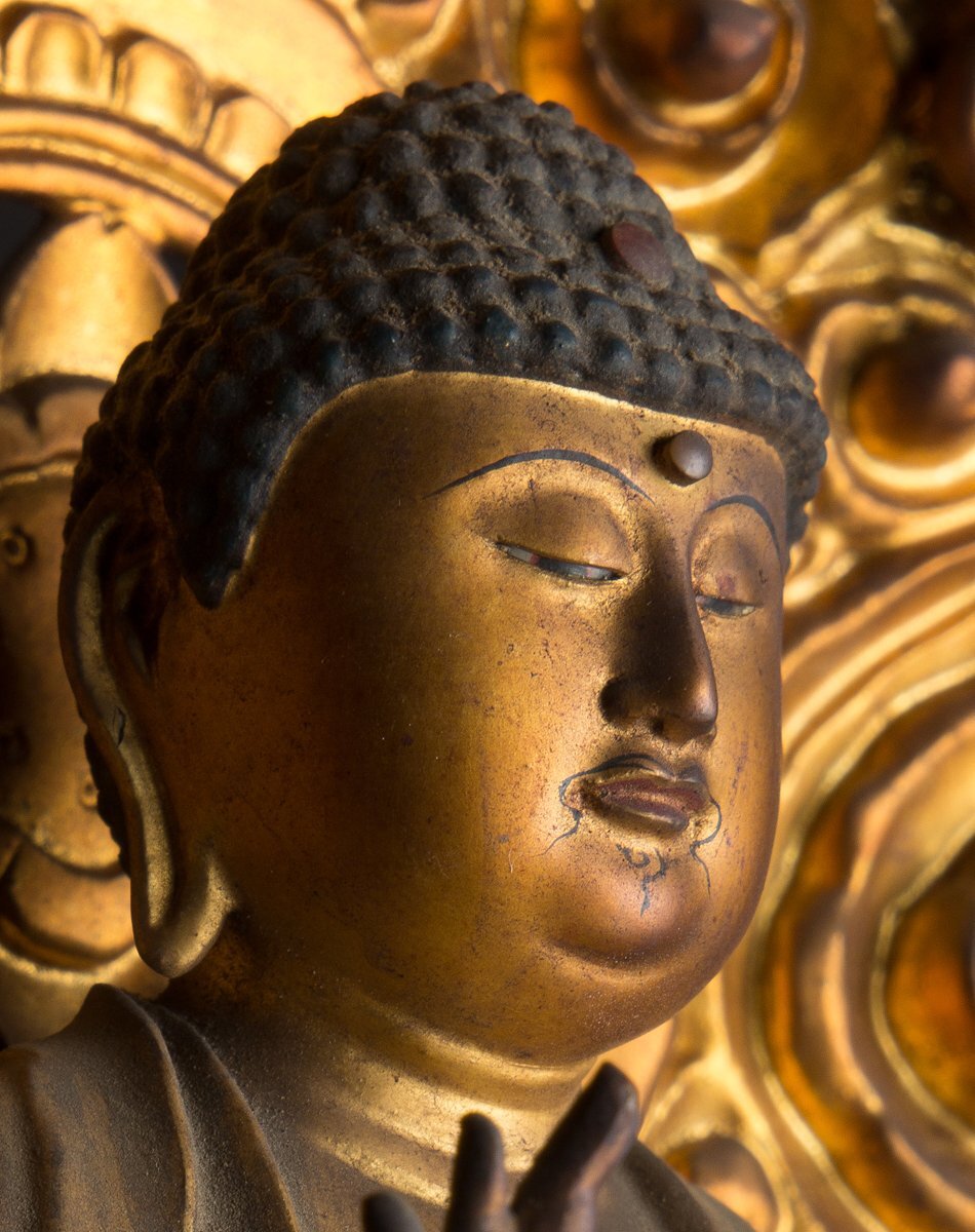 Edo–Meiji Period Gilt Wooden Amida Nyorai Triad Zushi | Large Temple Shrine Cabinet | 68cm