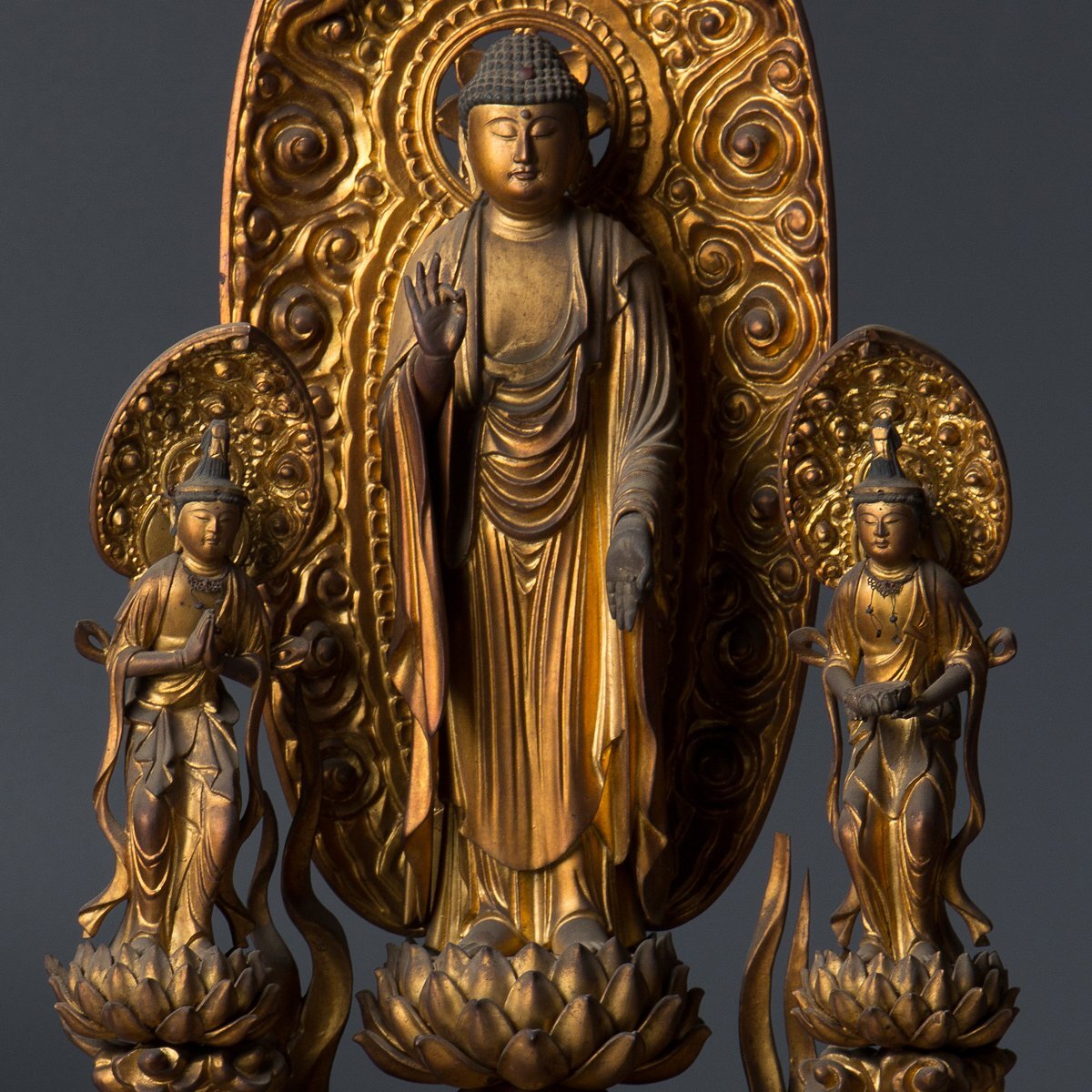 Edo–Meiji Period Gilt Wooden Amida Nyorai Triad Zushi | Large Temple Shrine Cabinet | 68cm