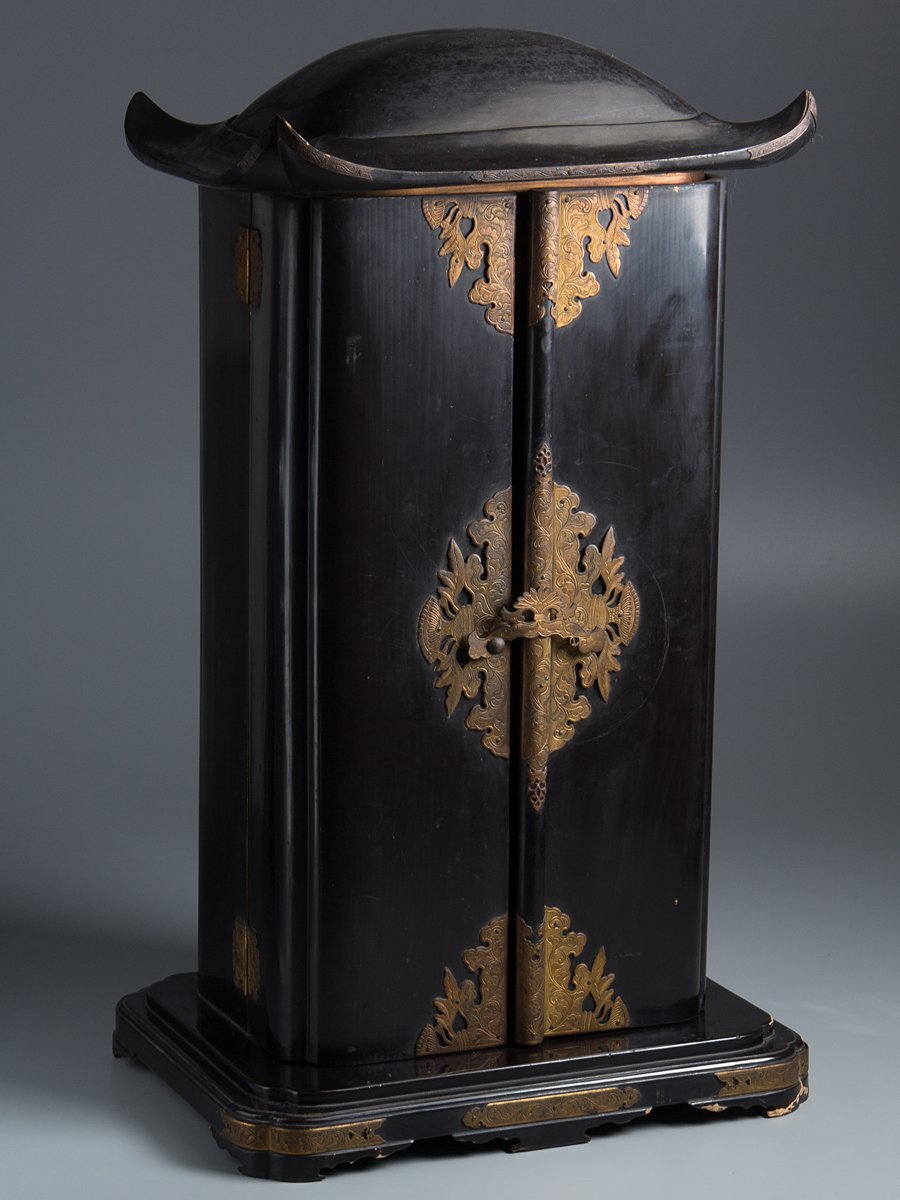 Edo–Meiji Period Gilt Wooden Amida Nyorai Triad Zushi | Large Temple Shrine Cabinet | 68cm