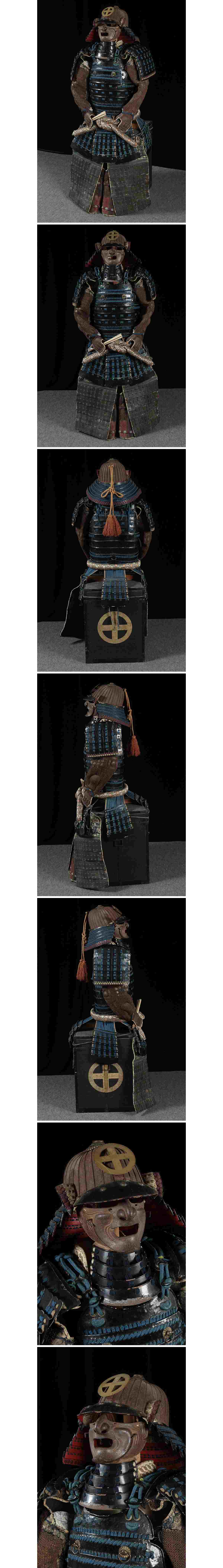 Edo Period 32-Plate Suji-Bachi Kabuto & Full Gusoku Armor | “Cross-in-Circle” Crest Maedate | Indigo Laced Yoroi | Includes Armor Chest