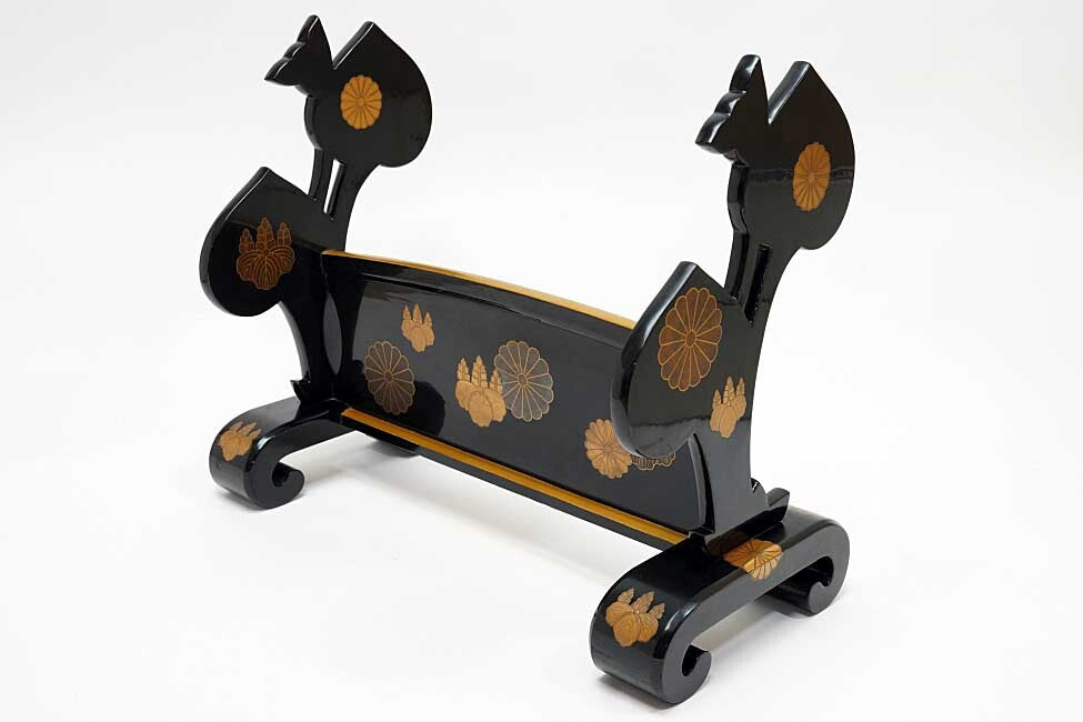 Edo Period Black Lacquer Katana-Kake (Double Sword Stand) with Gilt Paulownia Crests — Maki-e Samurai Display