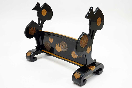 Edo Period Black Lacquer Katana-Kake (Double Sword Stand) with Gilt Paulownia Crests — Maki-e Samurai Display