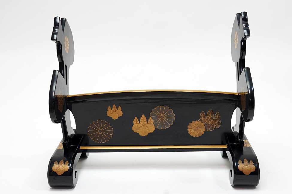 Edo Period Black Lacquer Katana-Kake (Double Sword Stand) with Gilt Paulownia Crests — Maki-e Samurai Display