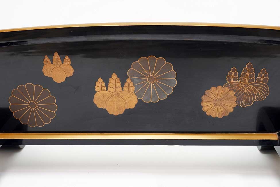Edo Period Black Lacquer Katana-Kake (Double Sword Stand) with Gilt Paulownia Crests — Maki-e Samurai Display