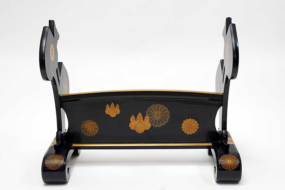 Edo Period Black Lacquer Katana-Kake (Double Sword Stand) with Gilt Paulownia Crests — Maki-e Samurai Display