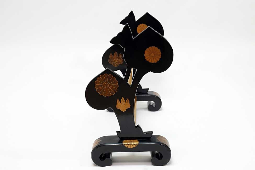 Edo Period Black Lacquer Katana-Kake (Double Sword Stand) with Gilt Paulownia Crests — Maki-e Samurai Display