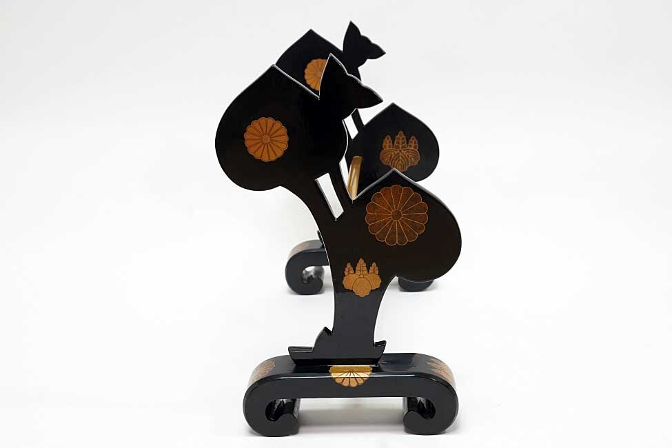 Edo Period Black Lacquer Katana-Kake (Double Sword Stand) with Gilt Paulownia Crests — Maki-e Samurai Display