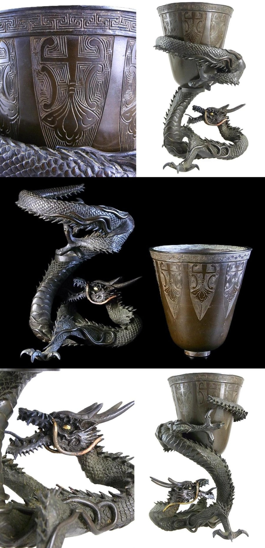 Edo Period Bronze Dragon-Wrapped Tripod Vessel | Ritual Incense Burner Censer | Japanese Antique Metalwork