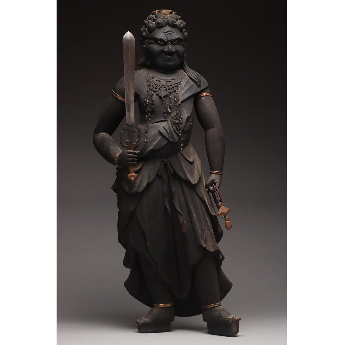 Edo Period Fudō Myōō Standing Sculpture with Glass Eyes | Carved Wood Buddhist Guardian | Late Edo–Bakumatsu Japan