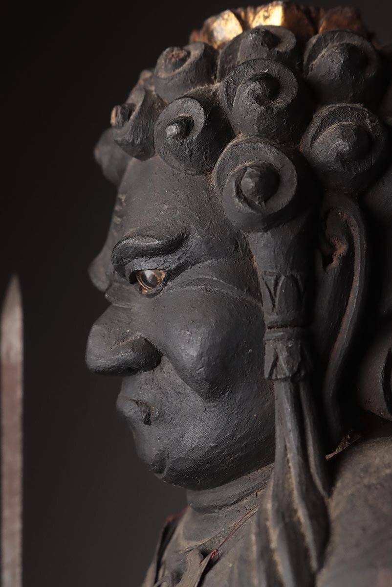 Edo Period Fudō Myōō Standing Sculpture with Glass Eyes | Carved Wood Buddhist Guardian | Late Edo–Bakumatsu Japan