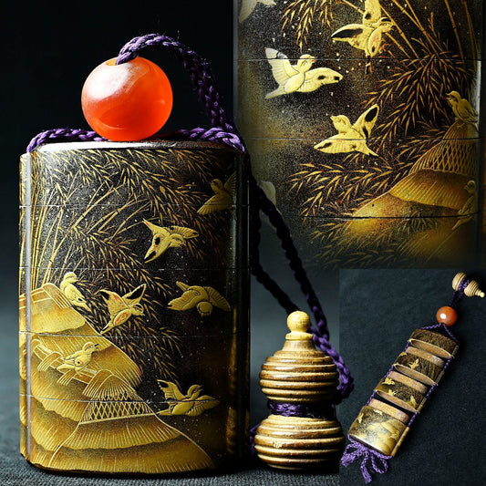 Edo Period Gold Maki-e Inro with Flying Cranes & Pines | Five-Case Lacquer Medicine Case | Signed