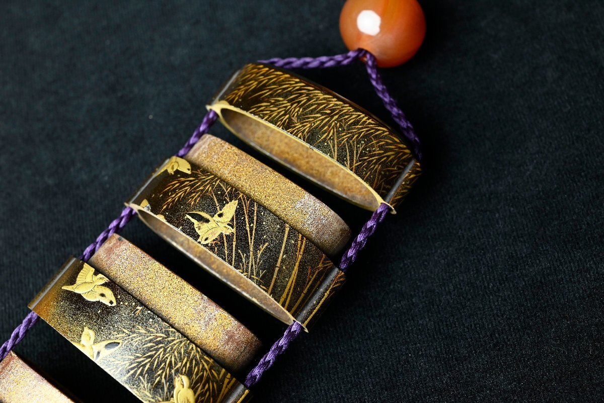 Edo Period Gold Maki-e Inro with Flying Cranes & Pines | Five-Case Lacquer Medicine Case | Signed