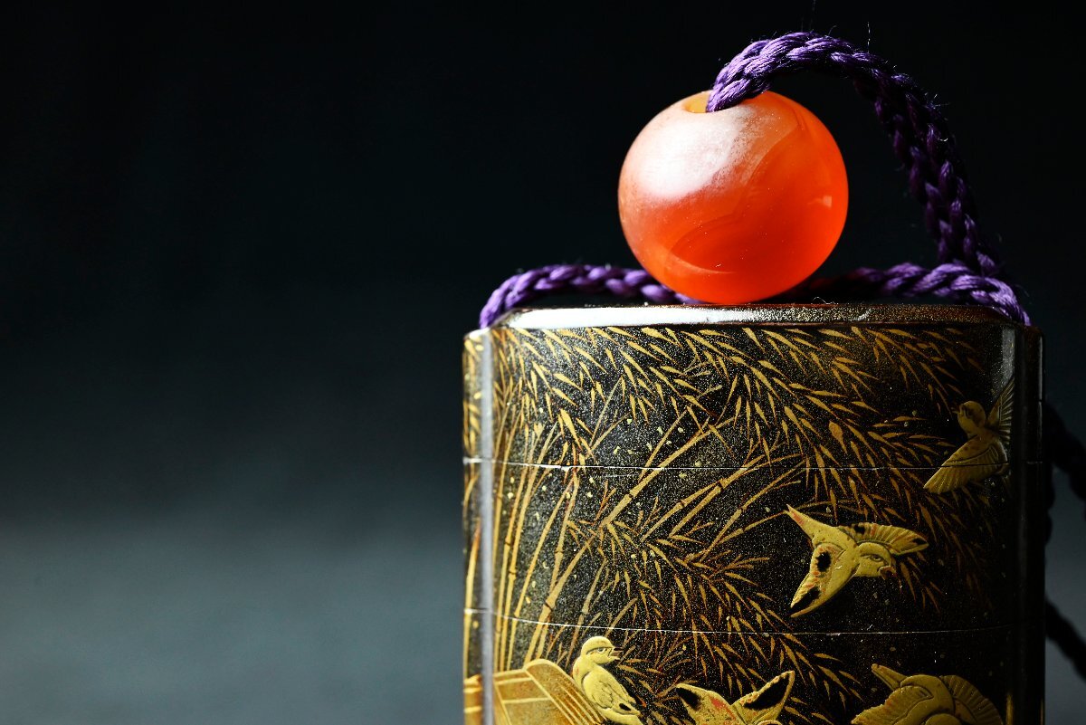 Edo Period Gold Maki-e Inro with Flying Cranes & Pines | Five-Case Lacquer Medicine Case | Signed