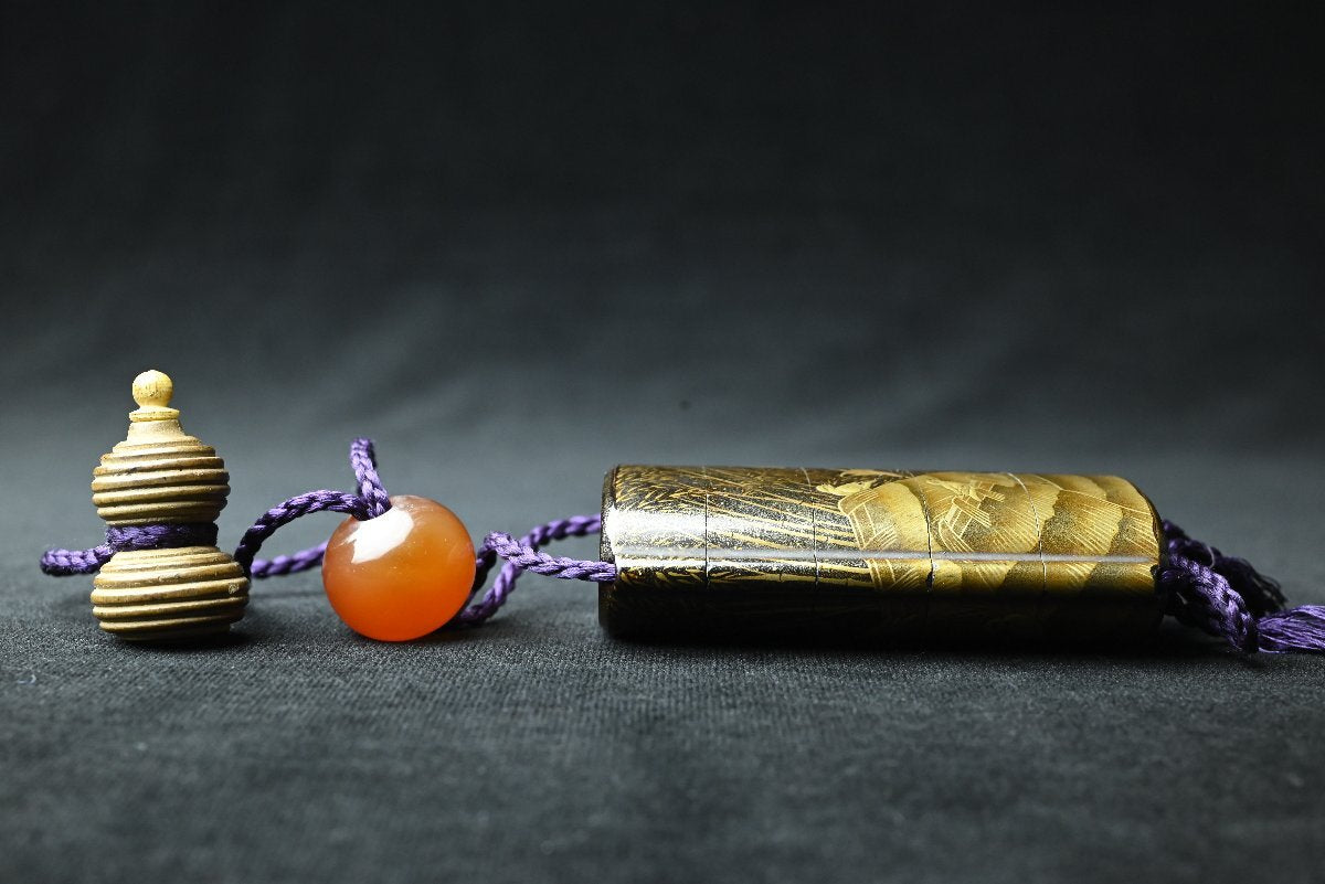 Edo Period Gold Maki-e Inro with Flying Cranes & Pines | Five-Case Lacquer Medicine Case | Signed