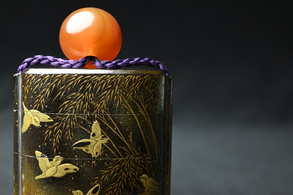 Edo Period Gold Maki-e Inro with Flying Cranes & Pines | Five-Case Lacquer Medicine Case | Signed