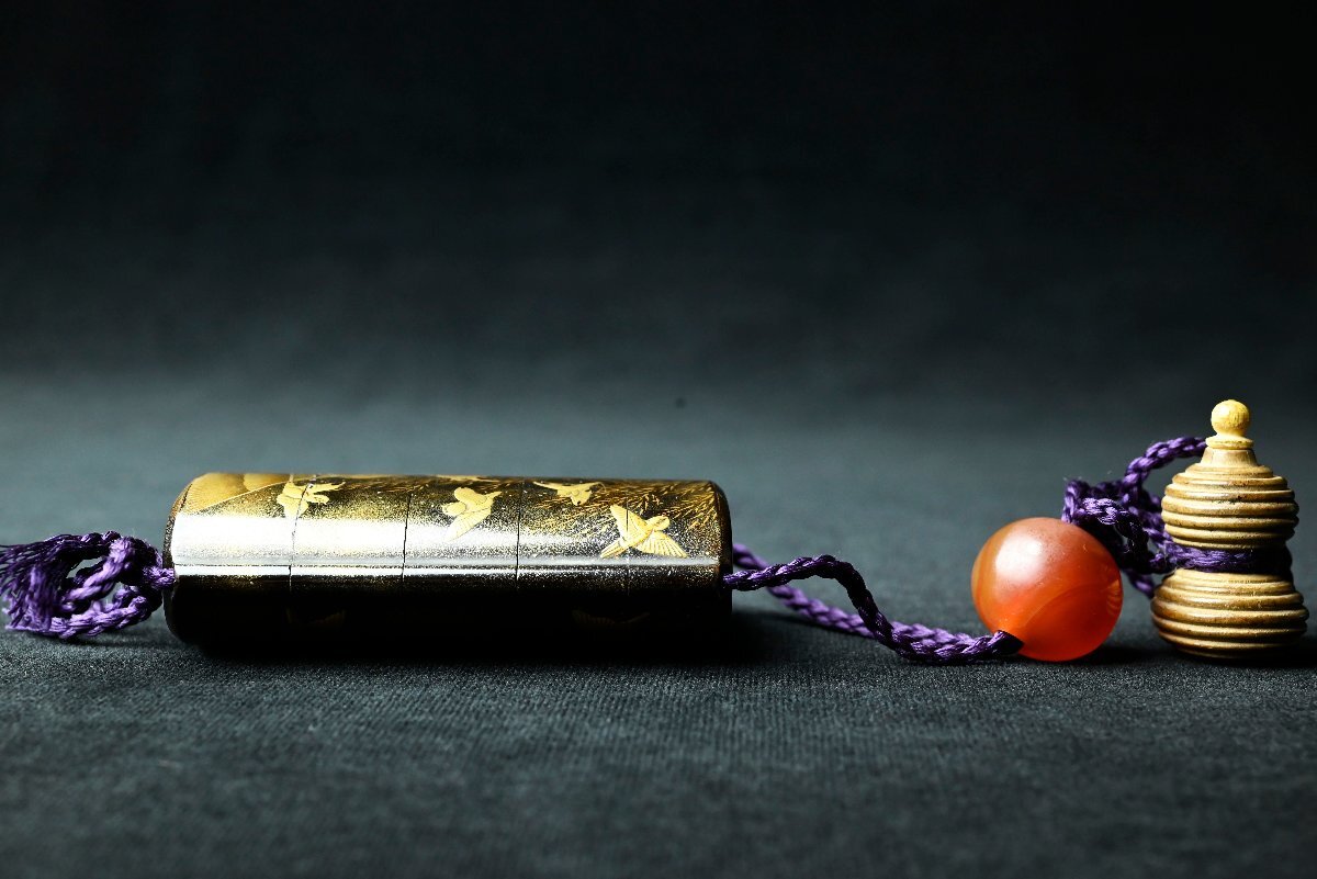 Edo Period Gold Maki-e Inro with Flying Cranes & Pines | Five-Case Lacquer Medicine Case | Signed