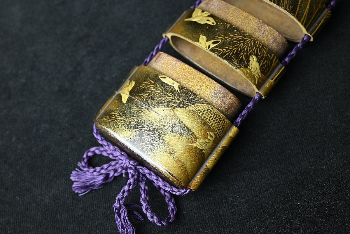 Edo Period Gold Maki-e Inro with Flying Cranes & Pines | Five-Case Lacquer Medicine Case | Signed