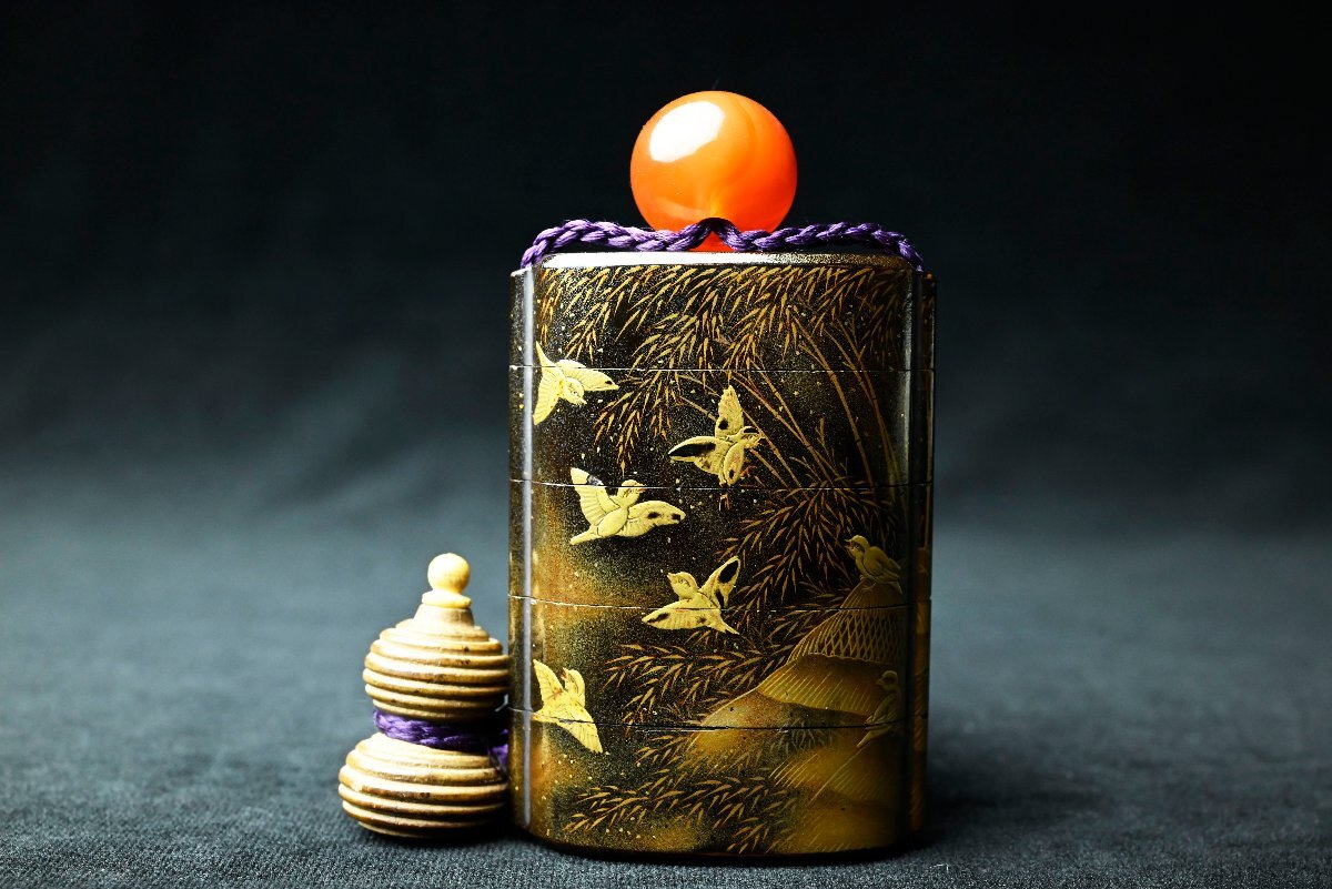Edo Period Gold Maki-e Inro with Flying Cranes & Pines | Five-Case Lacquer Medicine Case | Signed