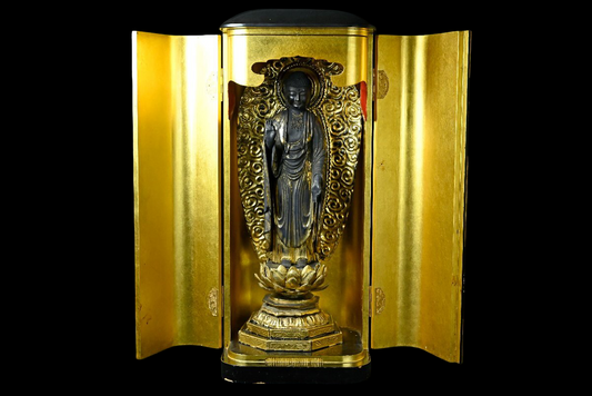 Edo Period Gyokugan Amida Nyorai Zushi 69cm — Temple-Housed Wooden Buddhist Sculpture with Crystal Eyes