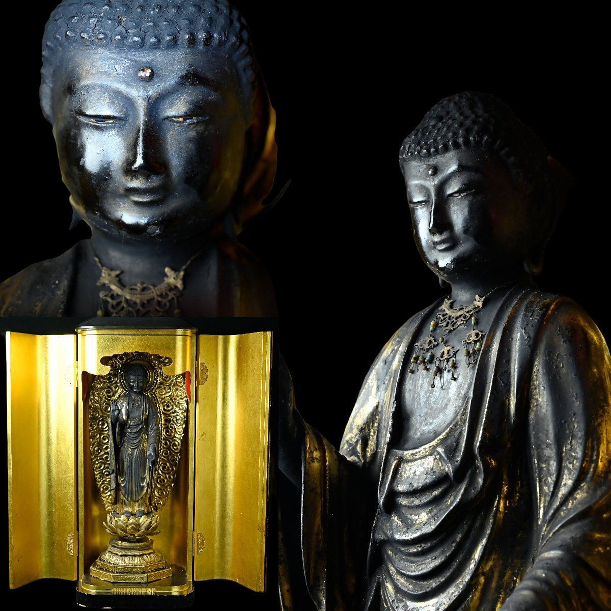 Edo Period Gyokugan Amida Nyorai Zushi 69cm — Temple-Housed Wooden Buddhist Sculpture with Crystal Eyes