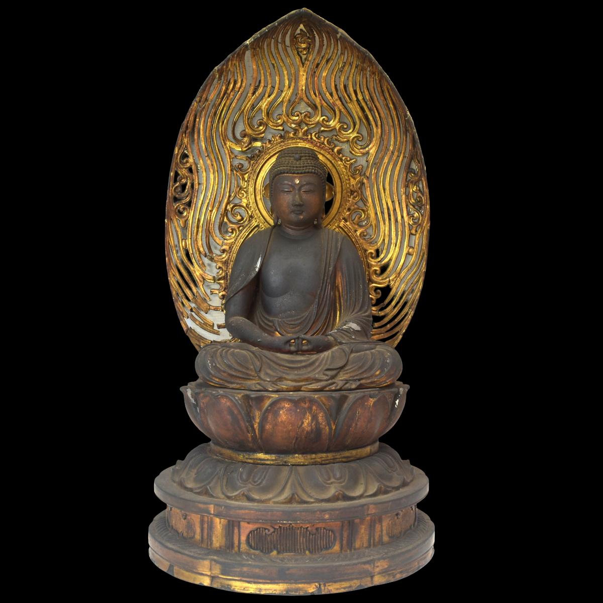 Edo Period Japanese Amida Nyorai (Amitabha) Wooden Seated Buddha with Mandorla (Antique, 100+ Years)