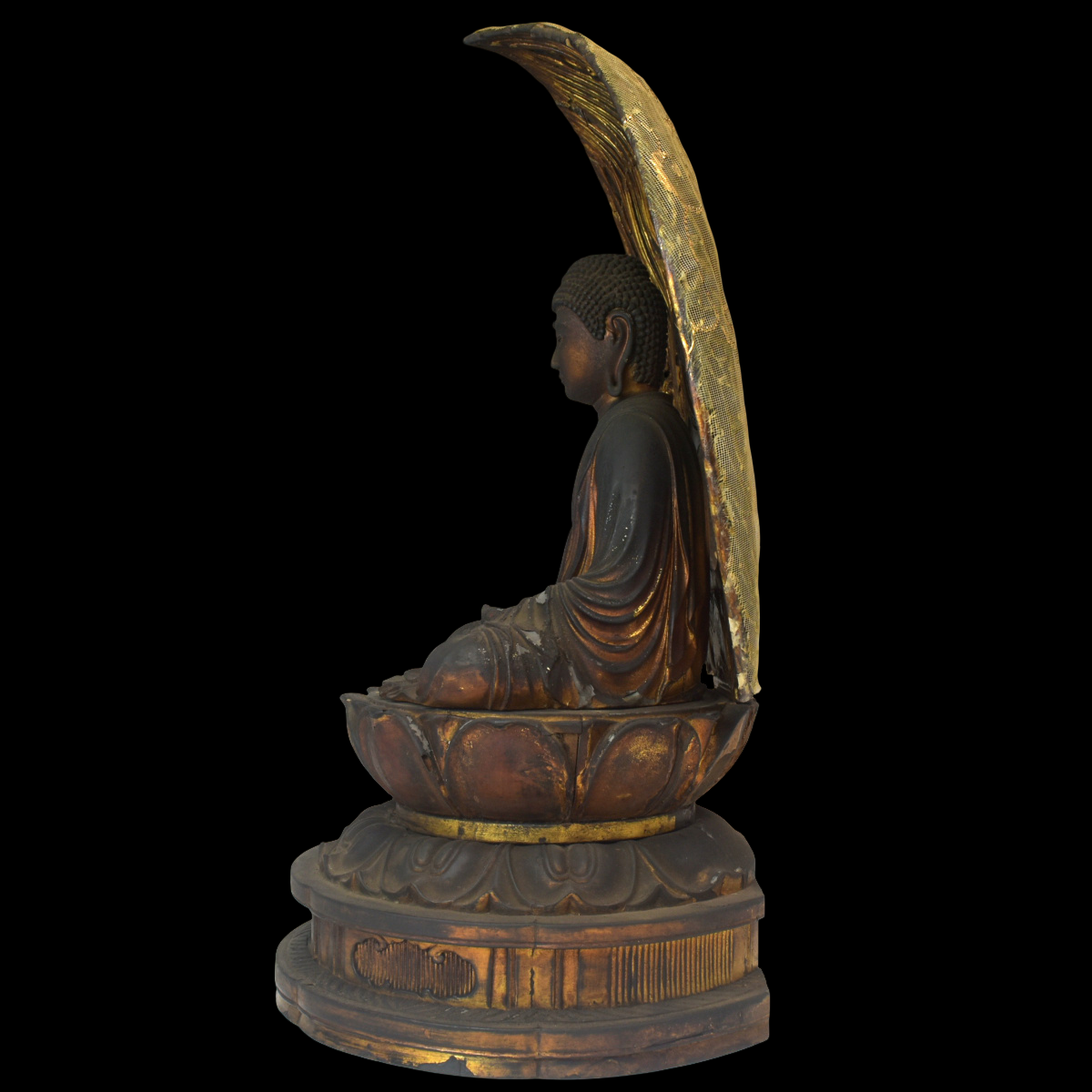 Edo Period Japanese Amida Nyorai (Amitabha) Wooden Seated Buddha with Mandorla (Antique, 100+ Years)