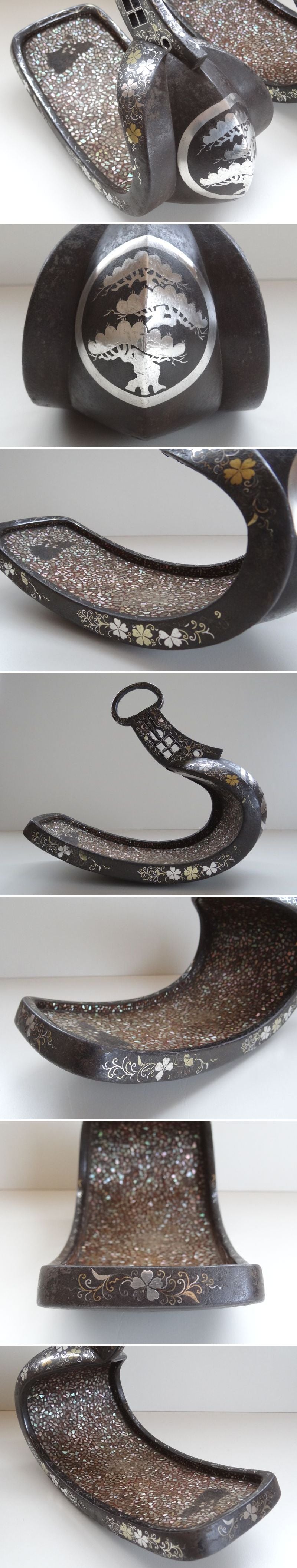 Edo Period Japanese Samurai Abumi Stirrup Pair Silver Inlay Kamon Pine Crest Signed Owari