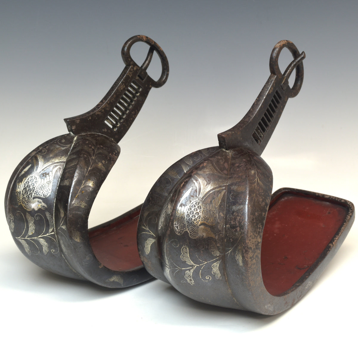 Edo Period Japanese Samurai Stirrup Pair Abumi Iron Silver Inlay Phoenix Signed Shigeji