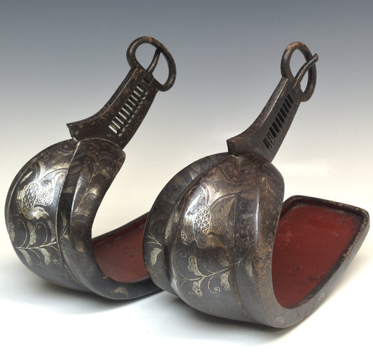 Edo Period Japanese Samurai Stirrup Pair Abumi Iron Silver Inlay Phoenix Signed Shigeji