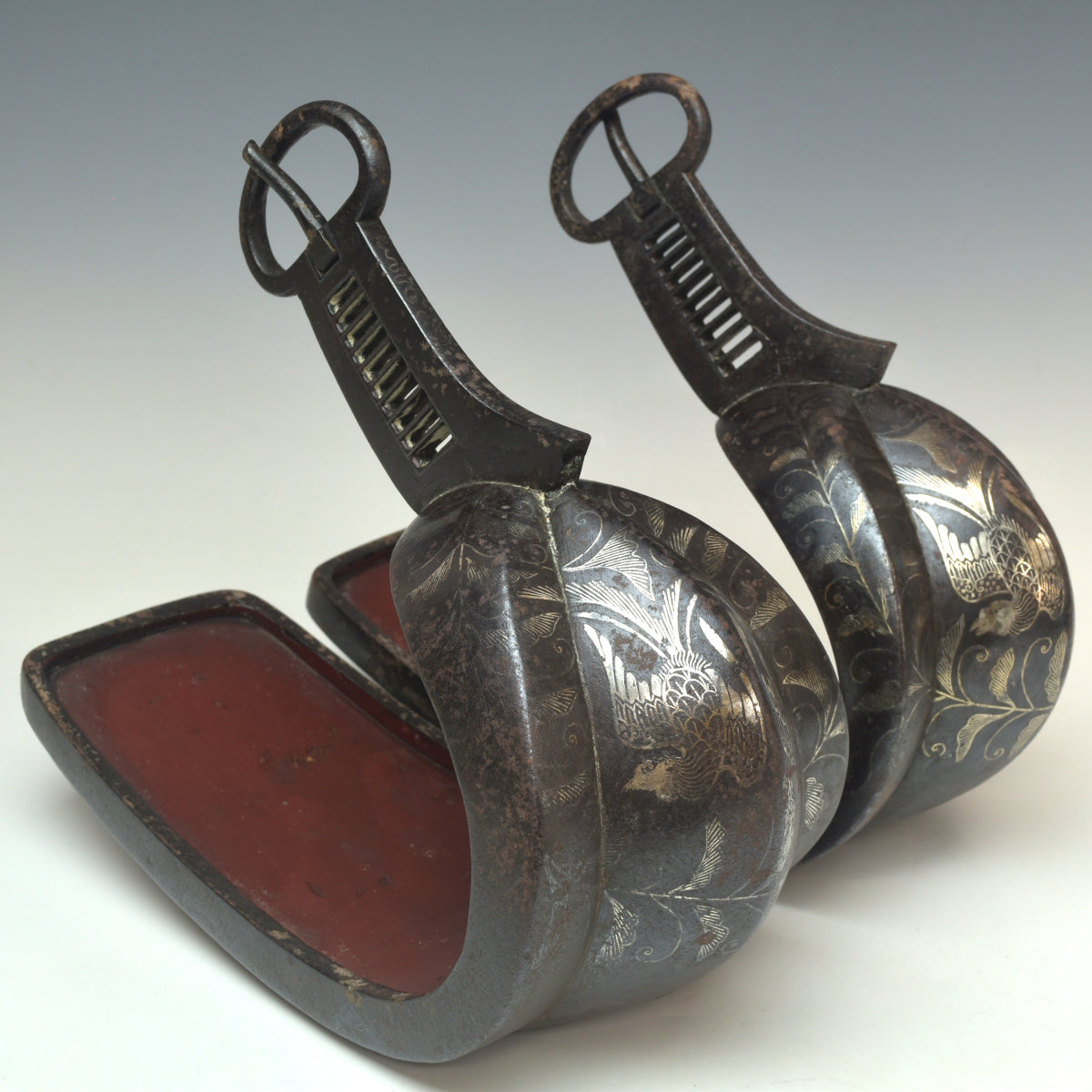 Edo Period Japanese Samurai Stirrup Pair Abumi Iron Silver Inlay Phoenix Signed Shigeji