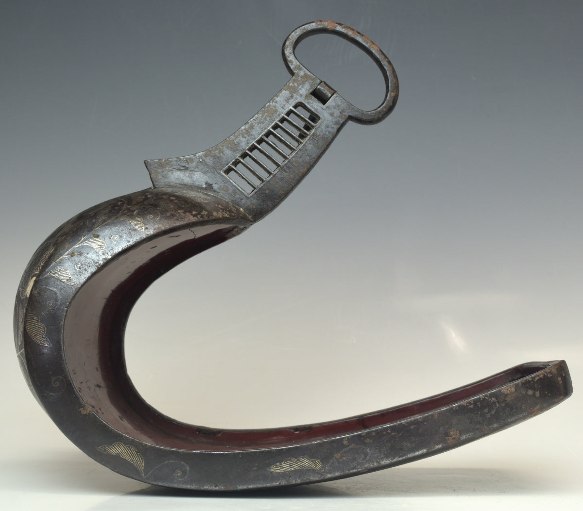 Edo Period Japanese Samurai Stirrup Pair Abumi Iron Silver Inlay Phoenix Signed Shigeji