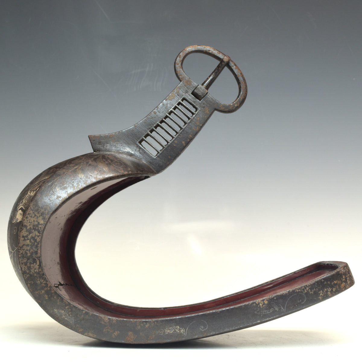 Edo Period Japanese Samurai Stirrup Pair Abumi Iron Silver Inlay Phoenix Signed Shigeji
