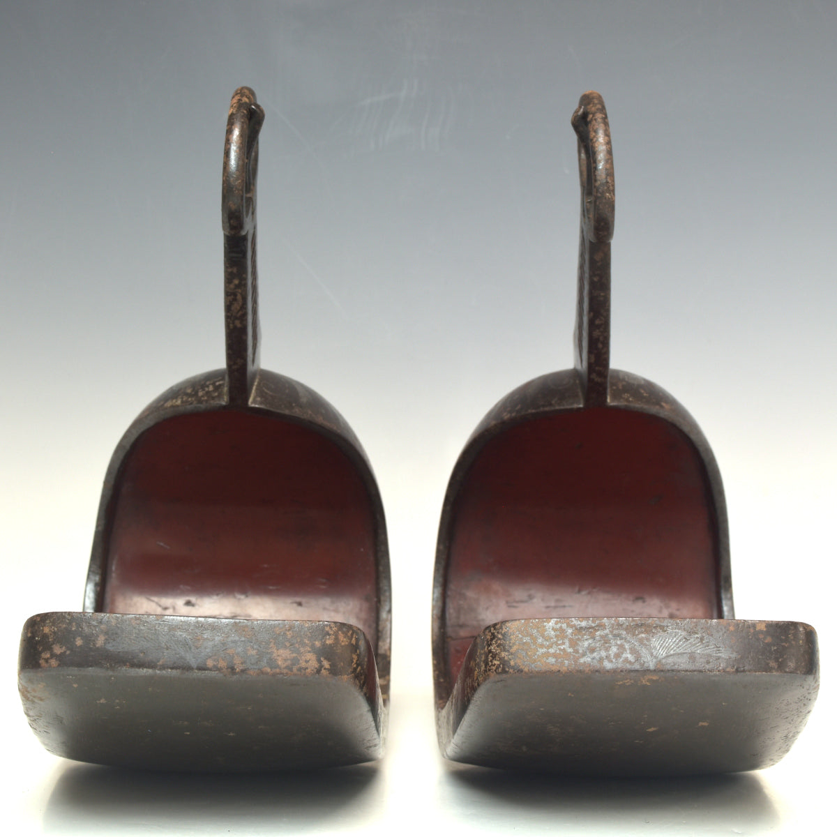 Edo Period Japanese Samurai Stirrup Pair Abumi Iron Silver Inlay Phoenix Signed Shigeji