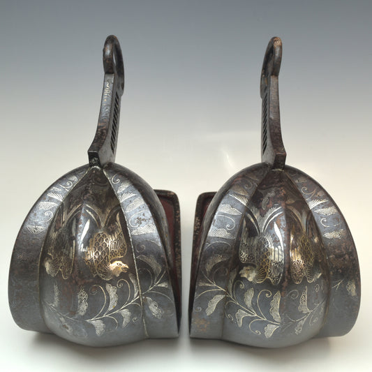Edo Period Japanese Samurai Stirrup Pair Abumi Iron Silver Inlay Phoenix Signed Shigeji