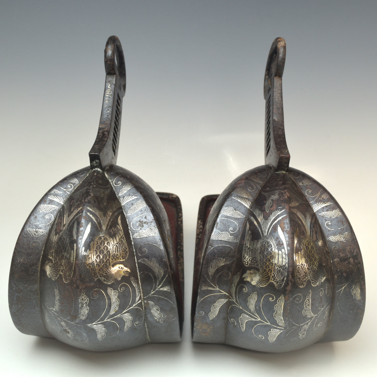 Edo Period Japanese Samurai Stirrup Pair Abumi Iron Silver Inlay Phoenix Signed Shigeji