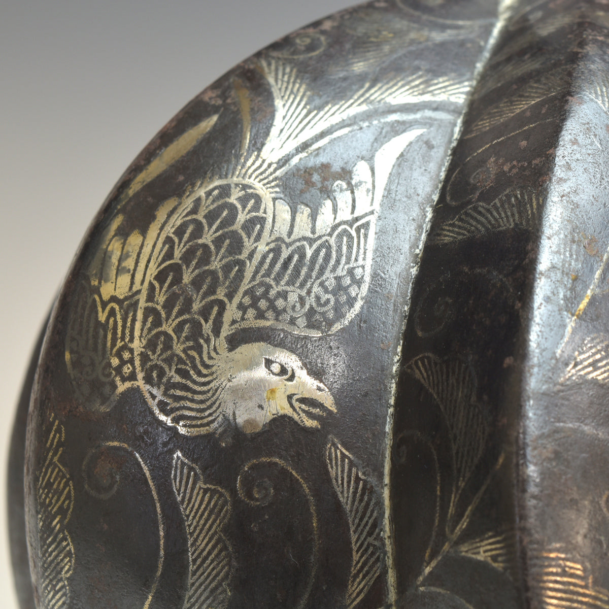 Edo Period Japanese Samurai Stirrup Pair Abumi Iron Silver Inlay Phoenix Signed Shigeji