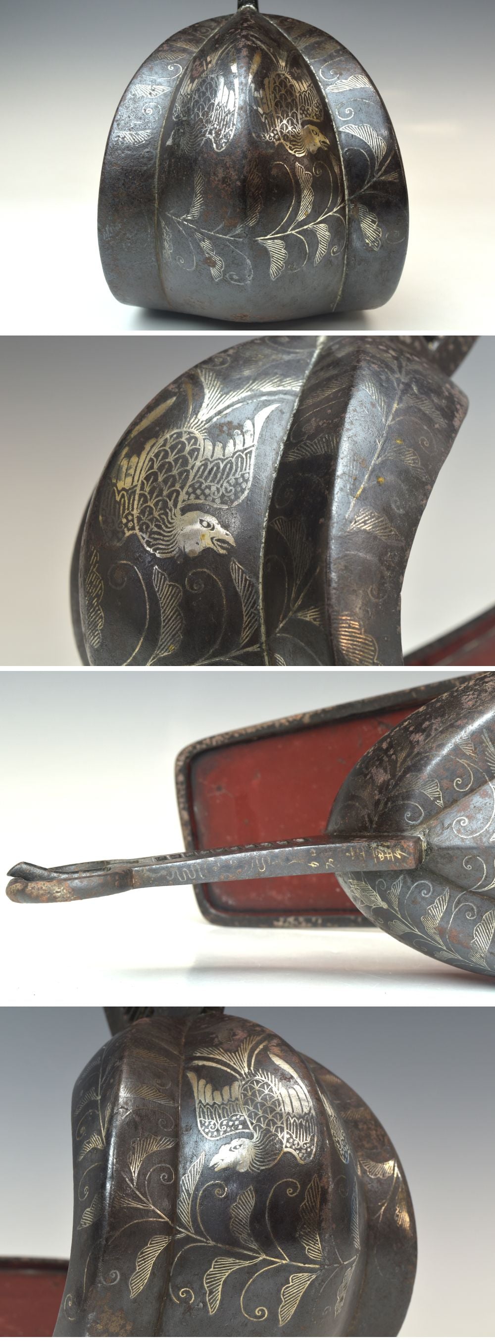 Edo Period Japanese Samurai Stirrup Pair Abumi Iron Silver Inlay Phoenix Signed Shigeji
