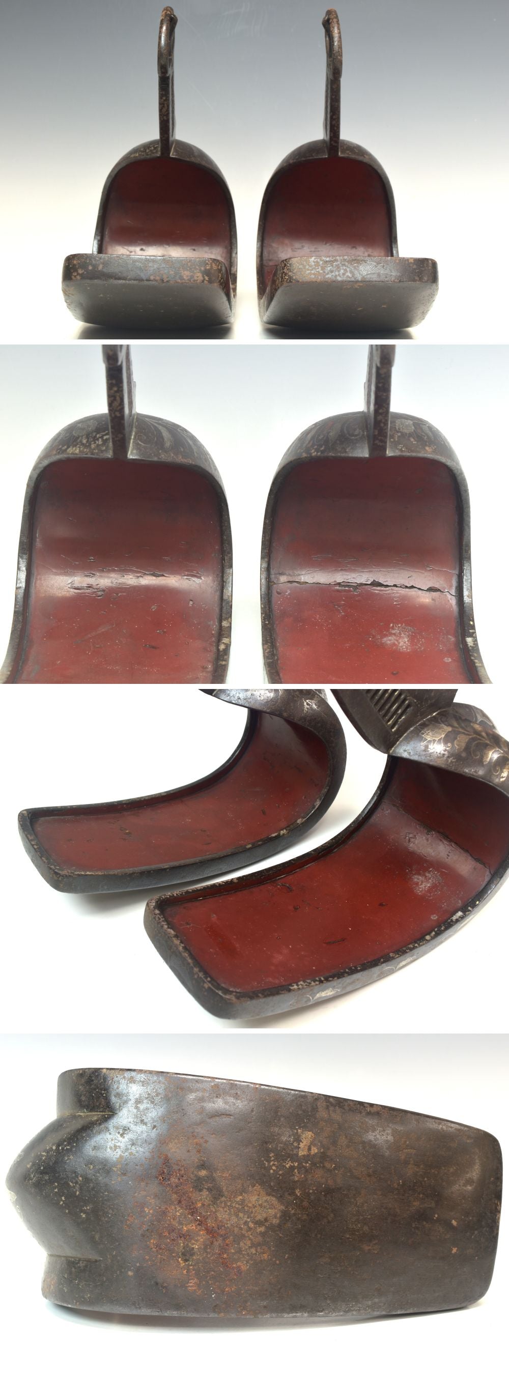 Edo Period Japanese Samurai Stirrup Pair Abumi Iron Silver Inlay Phoenix Signed Shigeji