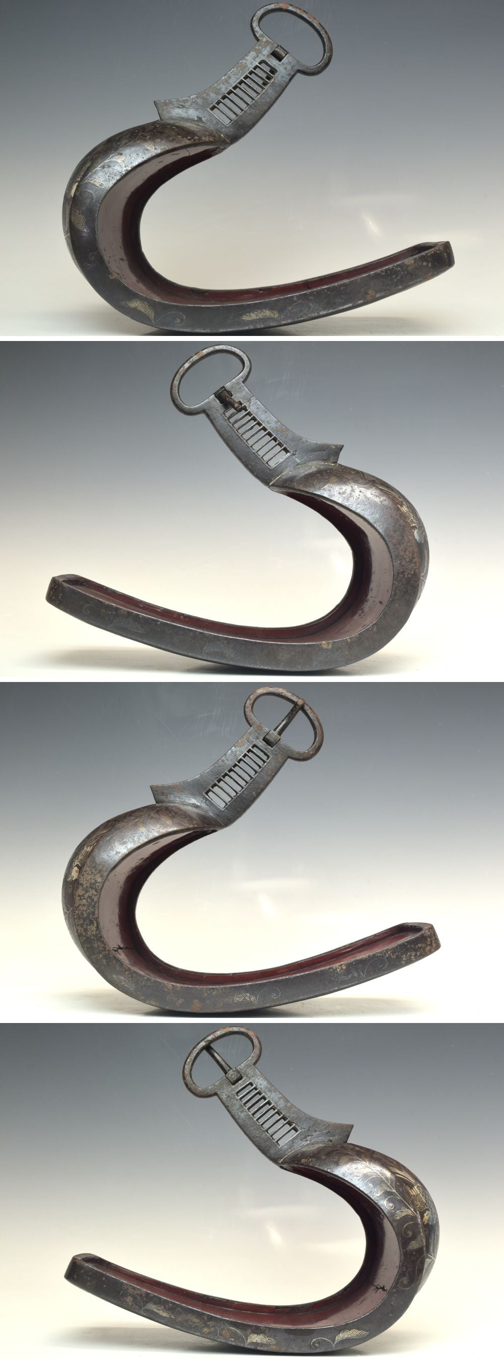 Edo Period Japanese Samurai Stirrup Pair Abumi Iron Silver Inlay Phoenix Signed Shigeji