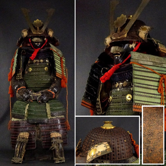 Edo Period Museum-Grade Gusoku Yoroi Armor — “Kajio Masanobu” Manner, Thirty-Two Plate Suji Kabuto, Signed-Style Iron Armor with Silk-Laced Kozane, Complete Display Ensemble