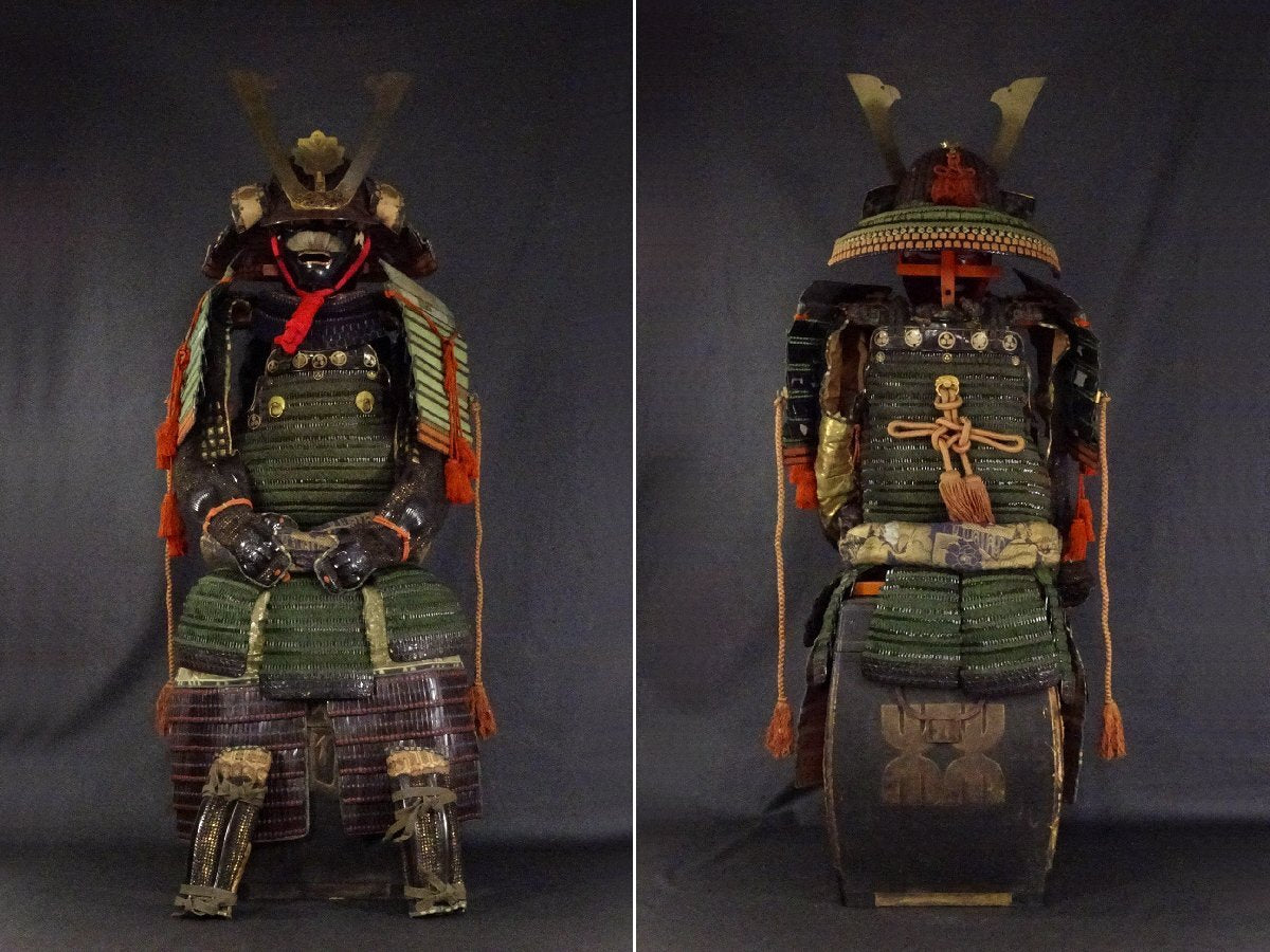 Edo Period Museum-Grade Gusoku Yoroi Armor — “Kajio Masanobu” Manner, Thirty-Two Plate Suji Kabuto, Signed-Style Iron Armor with Silk-Laced Kozane, Complete Display Ensemble