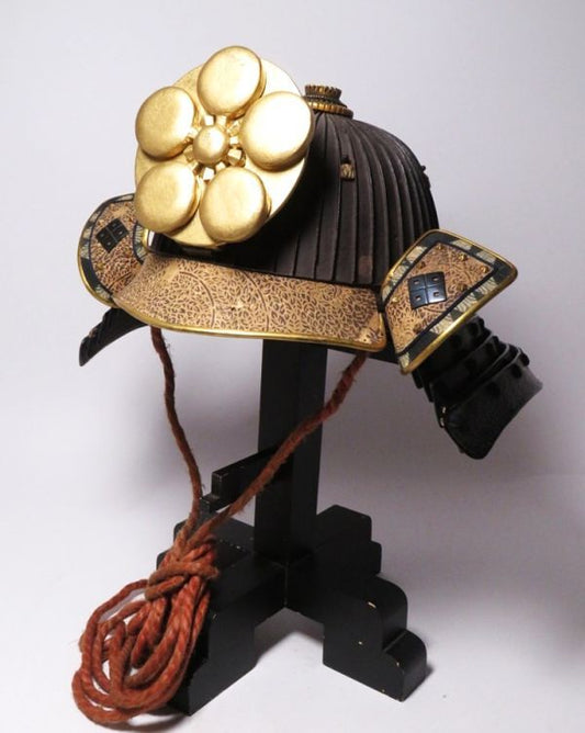 Authentic Edo Period Japanese Samurai Kabuto Helmet with Monumental Gilt Maedate Crest Iron Plate Armor Display