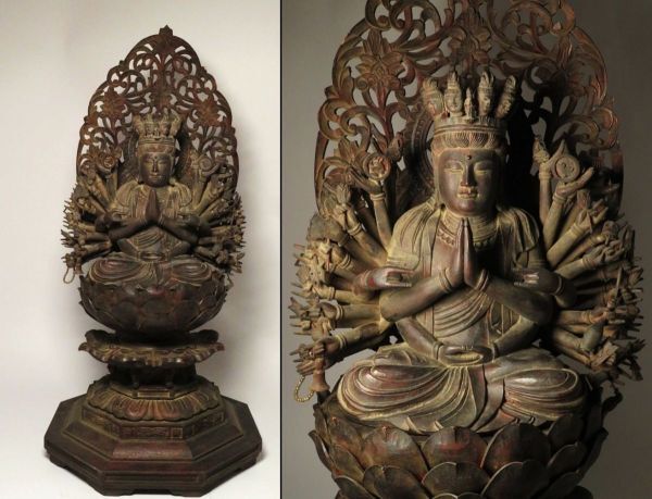 Edo Period Style Yosegi Wood Seated Senju Kannon — Large 63 cm Buddhist Statue