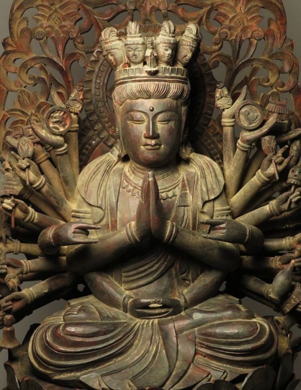 Edo Period Style Yosegi Wood Seated Senju Kannon — Large 63 cm Buddhist Statue